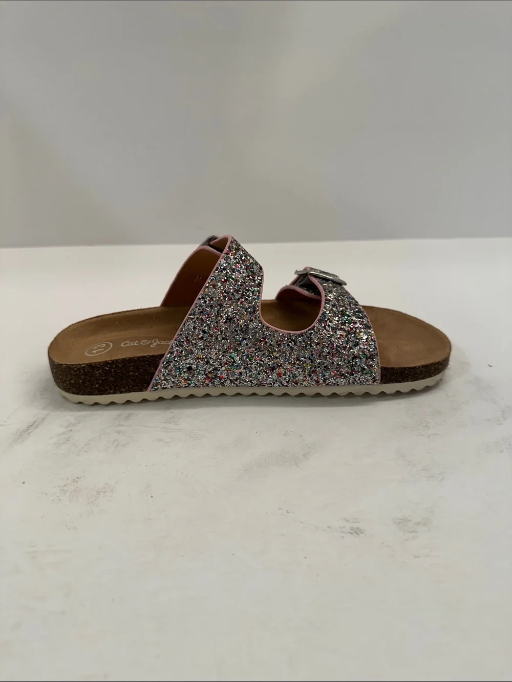 Cat & Jack Girls Glitter Double Buckle Sandals Pink Trim Size 13